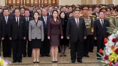 Em uma homenagem no mausoléu de Pyongyang, o Palácio do Sol de Kumsusan, diante de várias fileiras de dignitários de terno e gravata, alguns com muitas medalhas no peito, Ri Sol Ju, com um casaco cinza abotoado, saia e sapatos pretos, está ao lado de Kim Ju Ae, com sapatos combinando, que por sua vez está ao lado de Kim Jong Un, com um terno cinza-escuro abotoado e camisa branca, todos em posição de sentido. Ju Ae usa um terno bordô que combina com o lenço de sua mãe e a gravata de seu pai. Arranjos florais coloridos estão em primeiro plano.