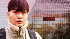 An image of Geumseung, 21, a North Korean refugee who has settled in Seoul overlaying a picture of the China-North Korea border fence