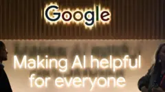 شعار غوغل مكتوب تحته عبارة باللغة الإنجليزية تعني "اجعل الذكاء الاصطناعي مفيداً للجميع".