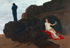 Óleo de Odiseo y Calipso por Arnold Boklin, 1882. La escena muestra a una mujer semidesnuda con un arpa, sentada sobre un manto rojo a la entrada de una cueva, mientras mira la silueta de un hombre observando el mar desde unas rocas.