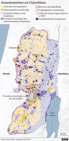Mapa mostrando assentamentos israelenses na Cisjordânia ocupada