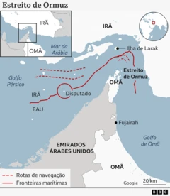 Mapa que mostra onde fica o Estreito de Ormuz, no Golfo de Omã, uma rota fundamental para o transporte de petróleo global. O estreito fica entre o Irã e a península formada pelos Emirados Árabes Unidos e Omã