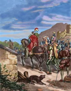 Una ilustración de Francisco Pizarro avanzando con sus hombres en la conquista de los incas