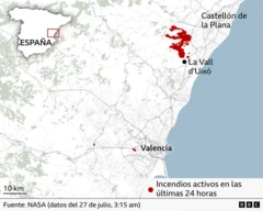 Mapa donde se ven las localidades en las que se extienden los incendios en Valencia.