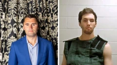 Montagem de fotos mostra Charlie Kirk à esquerda, de paletó azul, e Tyler Robinson à direita, de colete à prova de balas, ambos olhando diretamente para a câmera com expressões sérias no rosto