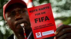 फ़ीफ़ा को रेड कार्ड दिखाता एक प्रदर्शनकारी