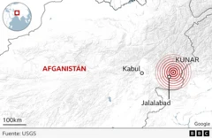 Mapa que muestra la ubicación del terremoto en Afganistán.