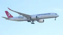 Ifoto yo mu bubiko igaragaza indege yo mu bwoko bwa Airbus A350-900 ya kompanyi Turkish Airlines, iri mu kirere 