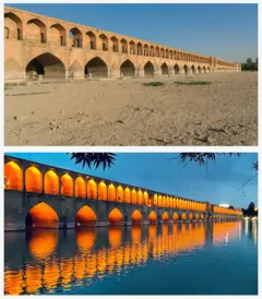 El río Zayandeh Rud seco y el puente Allahverdi Khan, también conocido como Si-o-se-pol (Puente de los 33), en Isfahán, Irán, el 22 de febrero de 2025 (arriba), junto con una vista desde el mismo ángulo por la noche el 5 de junio de 2023, con agua fluyendo a lo largo del río Zayandeh Rud en Isfahán