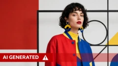 Obraz wygenerowany przez AI z pomocą narzędzia Muse Image: kobieta o falowanych czarnych włosach stoi na tle grafiki w stylu Bauhaus. Ma na sobie top, marynarkę i kolczyki w odcieniach czerwieni, granatu i żółci. 