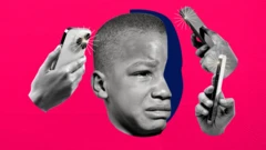 La tête d'un enfant triste repérée par des téléphones portables dans toutes les directions 