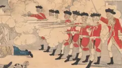 Detalhe da ilustração mostrando soldados britânicos disparando contra civis americanos