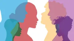 Ilustração de um grupo de pessoas de perfil