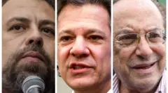 Montagemcasa de apostas que pagamfotos: Guilherme Boulos, à esquerda, Fernando Haddad, no centro, e Paulo Maluf, à direita.