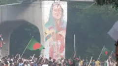 মেট্রোরেলের একটি পিলারে হাতে আঁকা শেখ হাসিনার ছবির ওপর লাল রংয়ের ছিটে। নিচে পতাকা ও লাঠি হাতে বিক্ষুব্ধ মানুষের ভিড়। ফাইল ছবি