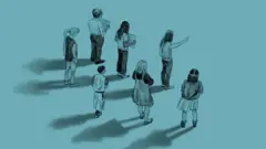 Ilustração de 7 pessoas, as vítimas, em pé