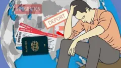 टाउकोमा हात राखेर चिन्तित मुद्रामा बसेका एक युवकको चित्राङ्कन, उनका अगाडि राहदानी र हवाई टिकट छन्। साथै आप्रवासन र निष्काशन लेखिएका सङ्केतचिह्न पनि छन्