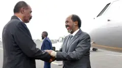 ፕሬዝዳንት ኢሳያስ ፕሬዝዳንት ሐሰንን አሥመራ ውስጥ ሲቀበሉ  