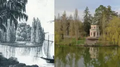 Острів Анти-Цирцеї на Верхньому Озері. Ліворуч - фрагмент картини Вільяма Аллана 1815 р. з книги Романа Афтаназі