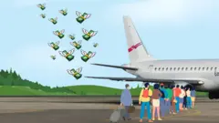 विदेश जाँदै गरेका नेपाली र पैसाको बिटो उडेजस्तो देखिने प्रतीकात्मक तस्बिर