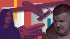 Чоловік і дівчина на фоні безпілотника і ракети