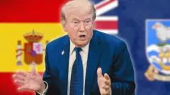 Колаж - Трамп розводить руками на тлі прапорів Іспанії та Фолклендських островів