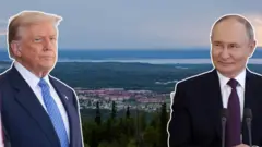 Ông Trump và ông Putin với nền là căn cứ Elmendorf-Richardson ở ngoại ô Anchorage, Alaska
