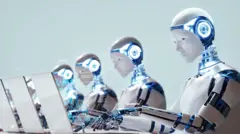 أربعة روبوتات تستخدم أجهزة اللابتوب