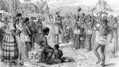 Ilustração de um missionário pregando para pessoas escravizadas