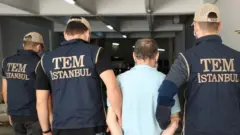 Yeleklerinin arkasında TEM istanbul yazılı ekip üyelerinin üçünde de şapka var. İkisi solda biri sağda duruyor aralarında mavi tişörtlü bir erkek var, hepsinin arkası dönük. 