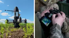 A composite image shows on the left an interceptor drone on the ground and on the right the hands of a soldier operating it.