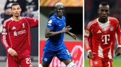 Ekitike wear Liverpool traditional red jersey, Caicedo wear Chelsea blue jersey and Jackson wear Bayern Muncin red jersey wit di 'T' logo