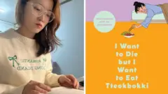 A composite image of a woman in a cream-coloured jumper with light blue writing reading a book on the left-hand side, and on the right-hand side of the composite image, the purple and orange book cover of 'I Want to Die but I Want to Eat Tteokbokki' by Baek Se-hee.
