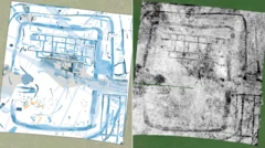 Un boceto que interpreta el descubrimiento del equipo al lado del escaneo con radar de penetración subterránea. Los cuartos individuales de la villa y sus corredores son claramente visibles.