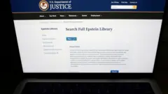 На экране компьютера страница сайта Министерства юстиции США с окном поиска по архиву дела Джеффри Эпштейна