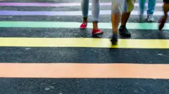 Pessoas caminham sobre faixa de pedestre pintada com as cores da bandeira LGBT