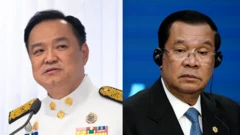 Thủ tướng Thái Lan Anutin Charnvirakul (trái) và Chủ tịch Thượng viện Campuchia Hun Sen 