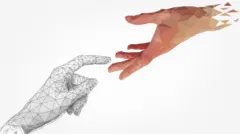 دو دست در حال نزدیک شدن بهم، یکی از آنها دیجیتالی است