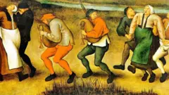 Ilustração medieval mostra pessoas dançando em um cenário rural