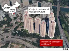 O fogo teve início em Wang Fuk Court, um grande conjunto residencial no distrito de Tai Po, em Hong Kong, às 14h51 de quarta-feira (26/11) no horário local