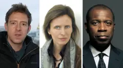 Uvuye ibumoso: Abanyamakuru ba BBC Nick Beake, Orla Guerin na Clive Myrie