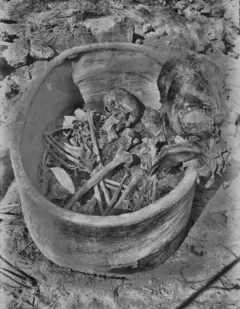 O caixão de cerâmica e restos arqueológicos do homem de Nuwayrat foram descobertos em 1902