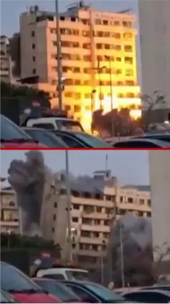 තට්ටු ගොඩනැගිල්ලක් පාමුල ගිනි ජාලාවක් ඉහල ෆොටෝ එකේ ඇති අතරේම ගොඩනැගිල්ලෙන් දුම් පිටවෙන ආකාරය පහල ෆොටෝ එකෙන් පෙනේ.