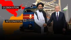 Ўзбекистон президенти ва Афғонистондаги Толибон ҳукумати вакили икки мамлакат харитаси манзарасида. Kоллаж сурат.