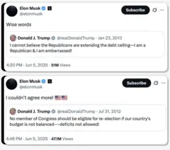 Repostagens de mensagens de Donald Trump no X, feitas por Elon Musk em 5/6/2025