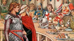 Rei Arthur e Merlin na távola redonda