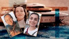 Uma imagem composta mostrando o Sea Story, um luxuoso barcopp black jackmergulho branco, ao fundo, com fotos das três sobreviventes que conversaram com a BBC: Hissora Gonzalez, Lucianna Galetta e Sarah Martin