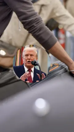 An image of a traveller with his bad. On the image is a photo of US President Donald Trump in a circle