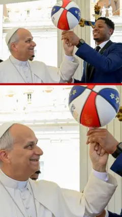 Papa Lav XIV vrteo je košarkašku loptu na prstu uz pomoć igrača američke košarkaške ekipe 'Harlem Gloubtroters'.