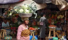 Une femme avec une bassine remplie de végétales sur la tête passant devant des étalages dans un marché